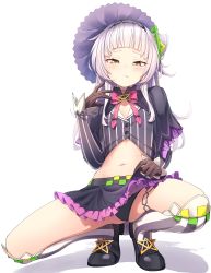 Rule 34 | 1girl, absurdres, black footwear, black gloves, black panties, black skirt, blouse, blunt bangs, blush, bow, bowtie, capelet, closed mouth, clothes lift, cropped shirt, full body, gloves, grey hair, hair bun, hairband, hat, hexagram hair ornament, highres, hololive, lifted by self, loafers, long hair, long sleeves, looking at viewer, midriff, miniskirt, murasaki shion, murasaki shion (1st costume), navel, panties, pink bow, pink bowtie, purple capelet, shinomu (cinomoon), shirt, shoes, side bun, sidelocks, simple background, single side bun, skirt, skirt lift, smile, solo, spread legs, squatting, striped clothes, striped shirt, striped thighhighs, thigh strap, thighhighs, thighlet, thighs, tilted headwear, underwear, vertical-striped clothes, vertical-striped shirt, vertical-striped thighhighs, virtual youtuber, white background, witch hat, yellow eyes