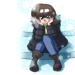 Rule 34 | 1girl, breath, brown eyes, brown hair, denim, full body, hands on own cheeks, hands on own face, head rest, jeans, knees together feet apart, leaning forward, looking at viewer, matching hair/eyes, pants, parka, ranma 1/2, short hair, sitting, smile, snowflakes, solo, tendou nabiki, turtleneck, wanta (futoshi), winter clothes