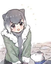 Rule 34 | 1girl, alternate costume, animal ears, blush, brown eyes, casual, coat, commentary request, dog, fur collar, fur trim, green coat, grey hair, grey sweater, kemono friends, multicolored hair, open mouth, otter ears, otter girl, san sami, short hair, small-clawed otter (kemono friends), solo, sweater, turtleneck, turtleneck sweater, two-tone hair, white fur, white hair, winter clothes