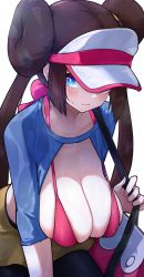 Rule 34 | 1girl, bag, bikini, bikini top only, blue eyes, blush, breasts, brown hair, cleavage, closed mouth, commentary, creatures (company), double bun, game freak, hair bun, handbag, highres, holding, holding bag, kashu (hizake), large breasts, looking at viewer, nintendo, open clothes, pantyhose, pantyhose under shorts, pokemon, pokemon bw2, raglan sleeves, rosa (pokemon), shorts, skindentation, solo, strap gap, swimsuit, symbol-only commentary, twintails, visor cap, yellow shorts