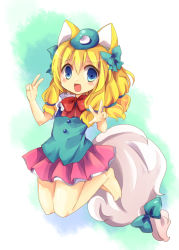 Rule 34 | 1girl, animal ears, bad id, bad pixiv id, bare legs, blonde hair, blue eyes, dog ears, dog tail, double v, fang, headwear request, kyuuri ponpon toto rozanna, pleated skirt, skirt, solo, tail, towelket wo mou ichido, uguisu mochi (ykss35), v