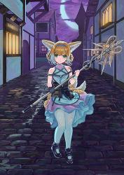 Rule 34 | 1girl, absurdres, animal ears, architecture, arknights, blonde hair, child, closed mouth, dress, fox ears, fox girl, fox tail, full body, green eyes, highres, house, kitsune, lyib, material growth, medieval, moon, moonlight, multicolored hair, oripathy lesion (arknights), pantyhose, self-upload, skirt, smile, solo, standing, suzuran (arknights), tail, two-tone hair, white pantyhose