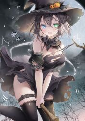 Rule 34 | 1girl, bare shoulders, black dress, black hat, black thighhighs, blue eyes, blush, bow, bra, branch, breasts, broom, broom riding, brown hair, cleavage, dress, embarrassed, green eyes, halloween, halloween costume, hat, hat bow, heterochromia, holding, jack-o&#039;-lantern, large breasts, looking at viewer, medium breasts, moon, no panties, open mouth, outdoors, pumpkin, shirt, short hair, skirt, solo, thighhighs, torn, torn bra, torn clothes, torn dress, torn shirt, torn skirt, torn sleeves, underwear, witch, witch hat, yoruhoshi owl