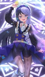Rule 34 | 1girl, black hair, blush, card, carron (pretty series), commentary, dolldolldd, dress, frills, gothic lolita, hair between eyes, hat, heart, highres, holding, holding card, jewelry, lolita fashion, long hair, long sleeves, looking at viewer, multicolored hair, open mouth, pantyhose, personification, pretty series, purple eyes, purple hair, ribbon, sidelocks, skirt, smile, solo, waccha primagi!