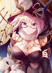 Rule 34 | 1girl, bad id, bad pixiv id, blush, blush stickers, breast lift, breasts, cat, character request, cleavage, glasses, large breasts, looking at another, lord of vermilion iii, purple eyes, purple hair, short hair, smile, solo, star (symbol), teeth, yue (lov n n)