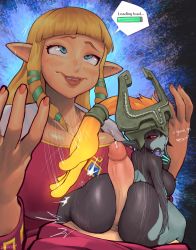 Rule 34 | 1futa, 1girl, absurdres, ass, blonde hair, blunt bangs, blush, buttjob, erection, futa with female, futanari, headgear, highres, huge ass, huge penis, midna, motion lines, multiple girls, multiple views, nail polish, namespace, nintendo, open mouth, penis, pink nails, pointy ears, princess zelda, red eyes, size difference, sweat, the legend of zelda, the legend of zelda: skyward sword, the legend of zelda: twilight princess, uncensored
