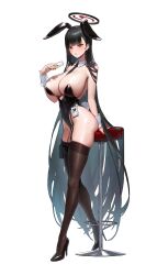 Rule 34 | 1girl, animal ears, black hair, black thighhighs, blue archive, breasts, bright pupils, chochomi, commentary, cup, detached collar, fake animal ears, fake tail, garter straps, hair ornament, hairclip, halo, high heels, highres, holding, holding cup, holster, huge breasts, id card, legs, leotard, long hair, playboy bunny, red eyes, rio (blue archive), simple background, solo, stool, tail, thigh holster, thigh strap, thighhighs, very long hair, white background, white pupils, wrist cuffs