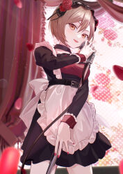 Rule 34 | 1girl, absurdres, alternate costume, apron, belt, black belt, blush, brown eyes, brown hair, enmaided, falling petals, flower, frilled apron, frills, hair between eyes, highres, holding, holding microphone, holding microphone stand, light particles, looking at viewer, maid, meiko (vocaloid), microphone, microphone stand, music, open mouth, petals, project sekai, red curtains, red flower, red nails, red rose, rose, short hair, singing, smile, solo, standing, upper body, vocaloid, vs0mr