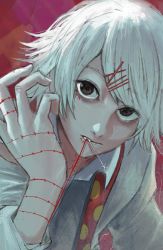 Rule 34 | 1boy, absurdres, collared shirt, dokudokuo, hair ornament, hairclip, highres, red background, red eyes, roman numeral, shirt, short hair, simple background, solo, stitched arm, stitches, suzuya juuzou, tokyo ghoul, white hair, x hair ornament