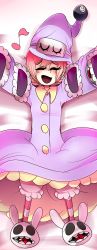 Rule 34 | 1girl, absurdres, animal slippers, bad id, bad pixiv id, blush, bunny slippers, captain kirb, dakimakura (medium), empty eyes, extra eyes, eyepatch, gradient background, hat, highres, looking at viewer, lying, musical note, nightcap, on back, outstretched arms, pajamas, peacock (skullgirls), pumpkin pants, red eyes, skullgirls, sleep mask, sleepwear, slippers, solo, spread arms