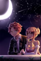 Rule 34 | 1boy, 1girl, :d, absurdres, aquarius (constellation), artist name, black jacket, blonde hair, brown eyes, cancer (constellation), capricorn (constellation), choker, collarbone, constellation, couple, dress, dress shirt, elbow gloves, fairy tail, frilled dress, frills, gemini (constellation), gloves, green eyes, hair bun, hair ornament, highres, holding hands, interlocked fingers, jacket, jewelry, ksmile1313, leo (constellation), libra (constellation), lucy heartfilia, moon, natsu dragneel, necklace, open clothes, open jacket, open mouth, pink dress, pink hair, pisces (constellation), sagittarius (constellation), scorpius (constellation), shirt, short hair with long locks, sidelocks, single hair bun, sleeveless, sleeveless dress, smile, spiked hair, star (symbol), star hair ornament, striped clothes, striped dress, twitter username, upper body, white gloves, white shirt