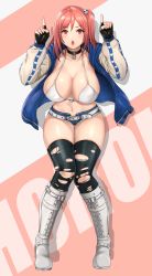 Rule 34 | 1girl, belt, belt boots, bikini, bikini top only, black gloves, black thighhighs, blush, boots, breasts, cleavage, collar, collarbone, commentary request, cross-laced footwear, cutoffs, dead or alive, dead or alive 5, denim, denim shorts, fingerless gloves, fingernails, full body, gloves, hair ornament, hands up, heart, heart print, high heel boots, high heels, highres, honoka (doa), jacket, knee boots, knees together feet apart, kurone rinka, lace-up boots, large breasts, lips, long hair, long sleeves, md5 mismatch, navel, one side up, open clothes, open jacket, open mouth, pink hair, pout, pouty lips, red eyes, shiny skin, short shorts, shorts, simple background, solo, stomach, swimsuit, tecmo, thighhighs, thighs, torn clothes, torn thighhighs, unbuttoned, white footwear, zipper, zipper pull tab
