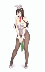 Rule 34 | 1girl, animal ears, black hair, black pantyhose, closed mouth, detached collar, fake animal ears, full body, glasses, green eyes, hair between eyes, highres, kantai collection, leotard, long hair, necktie, ooyodo (kancolle), pantyhose, playboy bunny, rabbit ears, red necktie, simple background, solo, standing, white background, white footwear, white leotard, wrist cuffs, yuuji (and)