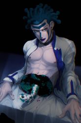 Rule 34 | 1boy, arm support, bisected, blood, cioccolata, deep wound, earrings, facepaint, facial mark, green eyes, green hair, guro, highres, injury, jacket, jewelry, jojo no kimyou na bouken, large pectorals, looking at viewer, makeup, male focus, mold, muscular, muscular male, no undershirt, on bed, open clothes, open jacket, pectorals, purple lips, sano (hospital 0434), severed torso, smirk, solo, spine, stand (jojo), vento aureo, white jacket