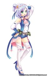 Rule 34 | 1girl, :d, blue footwear, blue hair, blue ribbon, bow, flower knight girl, full body, green eyes, hair bun, hair ribbon, hand on own hip, high heels, kurot, laurentia (flower knight girl), looking at viewer, official art, open mouth, pink bow, ribbon, shoes, short hair, short shorts, shorts, single hair bun, smile, solo, standing, thighhighs, white background, white thighhighs