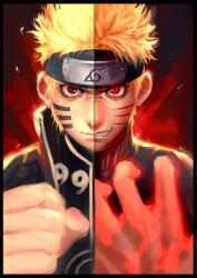 Rule 34 | 1boy, black headband, blonde hair, closed mouth, commentary request, facial tattoo, greenteaa, grin, hand up, headband, looking at viewer, male focus, naruto, naruto (series), partial commentary, red eyes, short hair, smile, solo, split screen, tattoo, teeth, upper body, uzumaki naruto