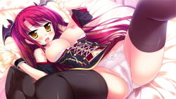 Rule 34 | 1girl, bed, black thighhighs, blush, breasts, breasts out, brown eyes, dress, fang, game cg, large breasts, long hair, looking at viewer, luce yami asutarite, lying, magical marriage lunatics!!, nipples, on back, open mouth, panties, pillow, puffy nipples, red hair, solo, spread legs, thighhighs, underwear, yamakaze ran, yellow eyes