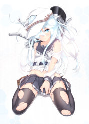 Rule 34 | 10s, 1girl, black thighhighs, blue eyes, blush, full body, hair over one eye, hammer and sickle, hat, hibiki (kancolle), infinote, kantai collection, loafers, long hair, looking at viewer, personification, revision, school uniform, serafuku, shoes, silver hair, simple background, single shoe, skirt, solo, star (symbol), thighhighs, torn clothes, torn thighhighs, verniy (kancolle), zettai ryouiki
