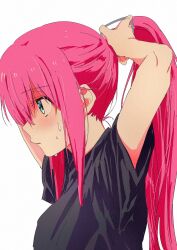 Rule 34 | 1girl, adjusting hair, black shirt, blue eyes, blush, bocchi the rock!, from side, gotoh hitori, highres, long hair, lowlifescore, one side up, pink hair, profile, shirt, short sleeves, simple background, solo, white background