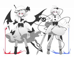 Rule 34 | 2girls, absurdres, ahoge, ascot, bat wings, bing zizi, boots, bow, buttons, closed mouth, collared shirt, commentary, cup, dress bow, drinking glass, expressionless, frilled shirt collar, frills, full body, greyscale, hair between eyes, hat, hat ribbon, headband, heart button, highres, holding, holding cup, holding sword, holding weapon, komeiji satori, liquid, long sleeves, looking at viewer, medium hair, mob cap, monochrome, multiple girls, pointy ears, pouring, red eyes, remilia scarlet, ribbon, shirt, simple background, skirt, spear the gungnir, spot color, sword, teacup, third eye, touhou, weapon, wide sleeves, wine glass, wings