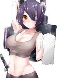 Rule 34 | 10s, 1girl, black hair, boruhis, breasts, cleavage, collarbone, eyepatch, groin, headgear, kantai collection, katana, large breasts, looking at viewer, midriff, navel, purple hair, short hair, simple background, smell, solo, sports bra, sword, tenryuu (kancolle), towel, weapon, white background, yellow eyes
