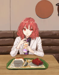 Rule 34 | 1girl, commentary, cup, fast food, highres, holding, holding cup, horikawa raiko, indoors, kashiwada kiiho, long sleeves, looking at viewer, mcdonald&#039;s, necktie, purple necktie, red eyes, red hair, short hair, solo, touhou, upper body