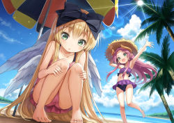 Rule 34 | 2girls, absurdres, aruma (shinrabanshou), bare legs, bare shoulders, barefoot, beach, beach umbrella, bikini, blonde hair, blue sky, cloud, day, earrings, feathered wings, feet, fuyu no kareha, green eyes, hat, highres, horizon, horns, jewelry, lens flare, long hair, multiple girls, multiple wings, navel, ocean, open mouth, outdoors, outstretched arms, palm tree, pink one-piece swimsuit, pointy ears, purple bikini, purple hair, shinrabanshou, sky, smile, squatting, standing, standing on one leg, straw hat, summer, sun, sunlight, swimsuit, terasu (shinrabanshou), tree, umbrella, wings