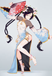 Rule 34 | 1girl, aoi (buzhuen444), bell, black hair, blue nails, blush, braid, breasts, china dress, chinese clothes, closed eyes, detached sleeves, dress, eyeshadow, fingerless gloves, flower, folding fan, full body, gloves, hair between eyes, hair flower, hair ornament, hair ribbon, hand fan, highres, jingle bell, long hair, long sleeves, makeup, multicolored hair, multiple braids, nail polish, no shoes, original, pelvic curtain, ribbon, ribbon-trimmed sleeves, ribbon trim, simple background, single thighhigh, small breasts, solo, streaked hair, thighhighs, toeless legwear, two-tone hair, very long hair, water, water drop, white thighhighs, wide sleeves, yellow ribbon