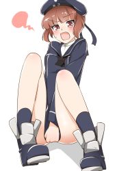 Rule 34 | 10s, 1girl, aoi renji, brown eyes, brown hair, covering crotch, covering privates, hat, highres, kantai collection, long sleeves, military, military hat, military uniform, open mouth, peaked cap, short hair, solo, uniform, z3 max schultz (kancolle)