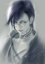 Rule 34 | 10s, 1boy, akashi kuniyuki, artist name, bishounen, ecat, glasses, gradient background, hair ornament, hairclip, highres, lips, looking at viewer, male focus, monochrome, parted lips, partially colored, portrait, purple hair, realistic, solo, touken ranbu, upper body, yellow eyes