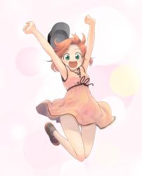 Rule 34 | 1girl, :d, arms up, baseball cap, black footwear, black hat, brown hair, commentary request, dress, full body, green eyes, happy, hat, highres, ikeda jun (mizutamari), jumping, legs up, looking at viewer, open mouth, original, pink background, pink dress, raised fists, redrawn, shoes, short dress, sleeveless, sleeveless dress, smile, solo