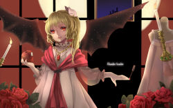 Rule 34 | 1girl, alternate costume, alternate wings, apple, applying manicure, bad id, bad pixiv id, badge, bat wings, blonde hair, candle, character name, dress, embodiment of scarlet devil, english text, evening gown, fangs, female focus, fire, flandre scarlet, floating, floating object, flower, food, fruit, full moon, gem, hair ribbon, holding, holding food, holding fruit, jewelry, mia0309, moon, nail polish, name, necklace, no headwear, open mouth, painting nails, photo (object), red eyes, red flower, red rose, ribbon, rose, short hair, side ponytail, solo, touhou, window, wings
