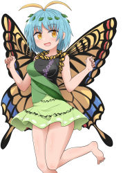 Rule 34 | 1girl, :d, antennae, bare legs, barefoot, blue hair, blush, breasts, butterfly wings, chups, dress, eternity larva, foot out of frame, highres, insect wings, leaf, leaf on head, looking at viewer, open mouth, short hair, smile, solo, standing, standing on one leg, toes, touhou, white background, wings
