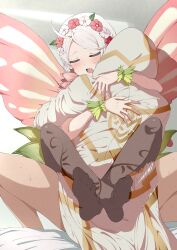Rule 34 | 1boy, 1girl, absurdres, ahoge, butterfly wings, capelet, closed mouth, commission, commissioner upload, couple, fairy, fairy wings, fazekas, feet, fire emblem, fire emblem fates, fire emblem heroes, flower, gradient clothes, green bracelet, hair flower, hair ornament, hair vines, hairband, hetero, highres, hood, hood up, hooded robe, hug, impregnation, insect wings, kiran (fire emblem), kiran (male) (fire emblem), leaf bracelet, leg lock, lower teeth only, nina (fire emblem), nina (resplendent) (fire emblem), nintendo, non-web source, official alternate costume, open mouth, pantyhose, parted bangs, pink capelet, pink flower, robe, saliva, sex, soles, sperm cell, straddling, sweat, teeth, toes, vine print, white flower, white hair, wings