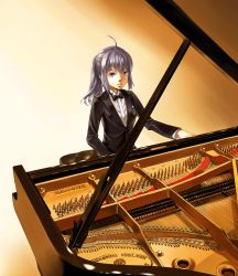 Rule 34 | 1girl, alternate costume, female focus, formal, gloves, grand piano, highres, instrument, kyuu umi, mononobe no futo, no headwear, no headwear, piano, ponytail, product placement, grey eyes, silver hair, solo, touhou, tuxedo
