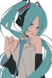 Rule 34 | 1girl, aqua eyes, aqua hair, aqua nails, bare shoulders, black sleeves, blue necktie, breasts, collared shirt, commentary, detached sleeves, flat color, hair over one eye, hand up, hatsune miku, headset, highres, long hair, looking at viewer, medium breasts, nail polish, necktie, open mouth, parted bangs, rsk (tbhono), shirt, simple background, sleeveless, sleeveless shirt, solo, twintails, upper body, vocaloid, white background