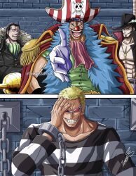 Rule 34 | 4boys, artist name, ascot, black hair, black suit, blonde hair, blue hair, buggy the clown, chain, closed mouth, clown nose, coat, coat on shoulders, crocodile (one piece), cross, cross necklace, cuffs, devil fruit power, donquixote doflamingo, dracule mihawk, earrings, epaulettes, facepaint, facial hair, formal, gloves, goatee, green ascot, green shirt, grin, hair slicked back, hand on own face, handcuffs, hat, hat feather, high collar, highres, hook hand, impel down, ismaindahouse, jewelry, long hair, looking at another, makeup, male focus, medium hair, multiple boys, muscular, muscular male, mustache, necklace, one piece, open clothes, open mouth, pirate hat, prison cell, red ascot, red coat, scar, scar on face, scene reference, shirt, short hair, signature, skull and crossbones, smile, suit, sunglasses, teeth, tongue, twitter username, very long hair, white gloves