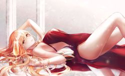 Rule 34 | 1girl, absurdres, alcohol, arm up, bare legs, bare shoulders, blonde hair, breasts, cleavage, cup, dress, drinking glass, from side, girls&#039; frontline, highres, huge filesize, long hair, looking at viewer, lying, medium breasts, official alternate costume, on back, ots-14 (girls&#039; frontline), ots-14 (ruler of the banquet) (girls&#039; frontline), prothymos, red dress, wine glass, yellow eyes