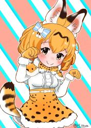 Rule 34 | 1girl, adapted costume, animal ears, blonde hair, blush, bow, bowtie, cat ears, cat girl, cat tail, center frills, frilled skirt, frills, fur trim, gloves, hair between eyes, hair bow, high-waist skirt, highres, kemono friends, long sleeves, ookura haruto, paw pose, print bow, print bowtie, print capelet, print skirt, serval (kemono friends), serval print, shirt, short hair, sidelocks, skirt, smile, solo, tail, white fur, white shirt, yellow eyes, yellow gloves