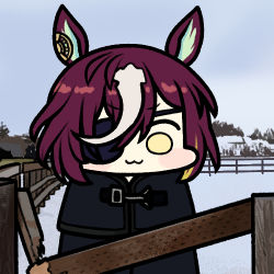 Rule 34 | 1girl, :3, animal ears, black coat, broken, brown hair, closed mouth, cloud, cloudy sky, coat, earrings, fence, hair over one eye, horse ears, horse girl, jazz jack, jewelry, lowres, outdoors, photo-referenced, single earring, sky, smile, snow, solo, tanino gimlet (umamusume), umamusume, white sky, wooden fence, yellow eyes