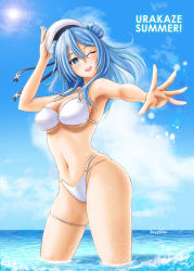 Rule 34 | 1girl, alternate costume, bikini, blue eyes, blue hair, blue sky, breasts, character name, cloud, commentary request, cowboy shot, day, double bun, hair bun, hat, highleg, highleg bikini, highleg swimsuit, highres, kantai collection, looking at viewer, medium breasts, medium hair, ocean, one eye closed, outdoors, sailor hat, sky, skypixter, soaking feet, solo, swimsuit, urakaze (kancolle), water, white bikini, white hat