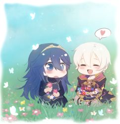 Rule 34 | 1boy, 1girl, :d, :o, ^ ^, blue eyes, blue hair, bug, butterfly, chibi, closed eyes, fire emblem, fire emblem awakening, flower, grass, hair between eyes, happy, heart, hood, hooded jacket, insect, jacket, long hair, lucina (fire emblem), morgan (fire emblem), morgan (male) (fire emblem), nintendo, open mouth, pants, pantyhose, seiza, sitting, smile, spoken heart, striped clothes, striped legwear, striped pantyhose, symbol-shaped pupils, tiara, tusia, vertical-striped clothes, vertical-striped legwear, vertical-striped pantyhose, white hair