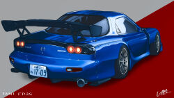 Rule 34 | blue car, car, english text, exhaust pipe, from behind, highres, license plate, mazda, mazda rx-7, mazda rx-7 fd, motor vehicle, no humans, original, red background, shadow, signature, simana, simple background, spoiler (automobile), sports car, two-tone background, vehicle focus, white background