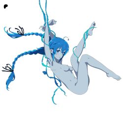 Rule 34 | 1girl, absurdres, ahoge, armpits, arms up, barefoot, black ribbon, blue hair, blush, bound, bound arms, braid, breasts, completely nude, full body, hair between eyes, hair ribbon, highres, kevcrexx, leg up, long hair, looking at viewer, mushoku tensei, nipples, nude, open mouth, plant, ribbon, roxy migurdia, shadow, sideboob, signature, simple background, small breasts, soles, solo, stomach, toes, twin braids, very long hair, vines, white background