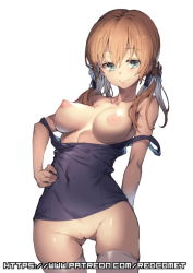 Rule 34 | 10s, 1girl, alternate costume, blonde hair, blue eyes, breasts, cleft of venus, hair between eyes, kantai collection, large breasts, long hair, looking at viewer, low twintails, nipples, prinz eugen (kancolle), puffy nipples, pussy, redcomet, school swimsuit, simple background, smile, solo, swimsuit, thighhighs, twintails, uncensored, watermark, web address, white background, white thighhighs