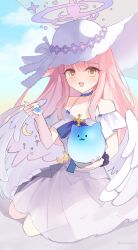 Rule 34 | 1girl, :d, bare shoulders, blue archive, blue bow, blue choker, blue sky, bow, chipong, choker, cloud, cloudy sky, collarbone, commentary request, day, dress, feathered wings, food, halo, hat, highres, holding, holding spoon, long hair, looking at viewer, low wings, mika (blue archive), off-shoulder dress, off shoulder, open mouth, pink hair, shaved ice, sky, smile, solo, spoon, sun hat, very long hair, white dress, white hat, white wings, wings, yellow eyes