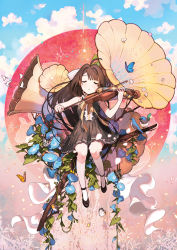 Rule 34 | 1girl, :o, ahoge, bad id, bad pixiv id, bird, brown hair, bug, butterfly, closed eyes, dress, flower, highres, holding instrument, holding violin, insect, instrument, kneehighs, long hair, morning glory, music, original, petals, playing instrument, shoes, socks, solo, uzubilla, very long hair, violin, white socks