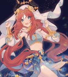 Rule 34 | 1girl, absurdres, blue eyes, blue nails, blush, breasts, detached sleeves, genshin impact, hair between eyes, harem outfit, highres, horns, long hair, looking at viewer, medium breasts, midriff, nail polish, nilou (genshin impact), open mouth, red hair, signature, simple background, solo, tamamura (tmmr5), tassel, veil, very long hair, white veil
