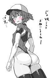 Rule 34 | 1girl, adapted costume, ass, baseball cap, black thighhighs, blush, commentary request, from behind, greyscale, hat, highleg, highleg swimsuit, highres, jacket, monochrome, muscular, open clothes, open jacket, open mouth, satake mei, short ponytail, short sleeves, shoulder blades, simple background, smack, smile, solo, spot color, swimsuit, thighhighs, translation request, umamusume, white background, yaki apple