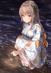 Rule 34 | 1girl, absurdres, bare shoulders, barefoot, blush, bow, bowtie, brown eyes, commentary request, fireworks, full body, hair bow, highres, huge filesize, japanese clothes, kimono, light brown hair, long hair, looking down, na kyo, original, partially submerged, senkou hanabi, smile, solo, sparkler, squatting, wading, yukata